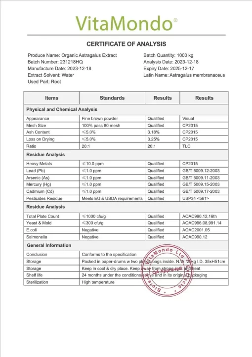 Organic Astragalus Root Extract COA
