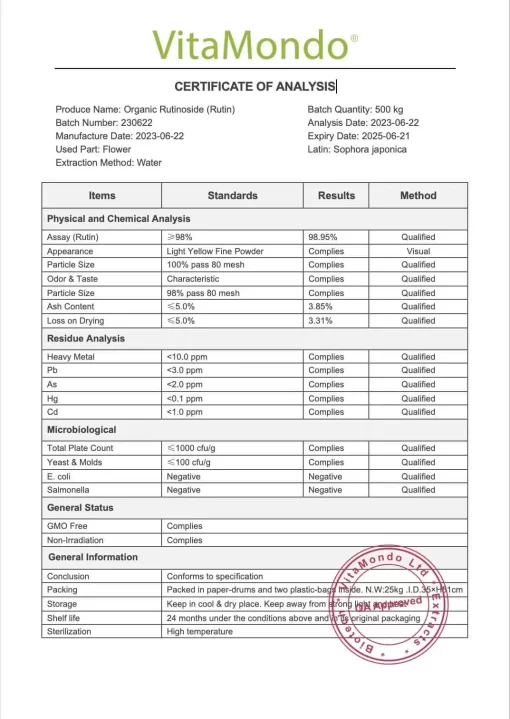 Organic Rutin 98% COA VitaMondo stamped